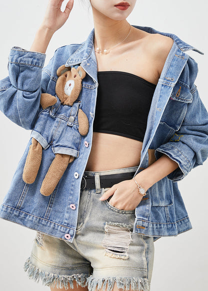 Light Blue Bear Oversized Denim Coats Spring