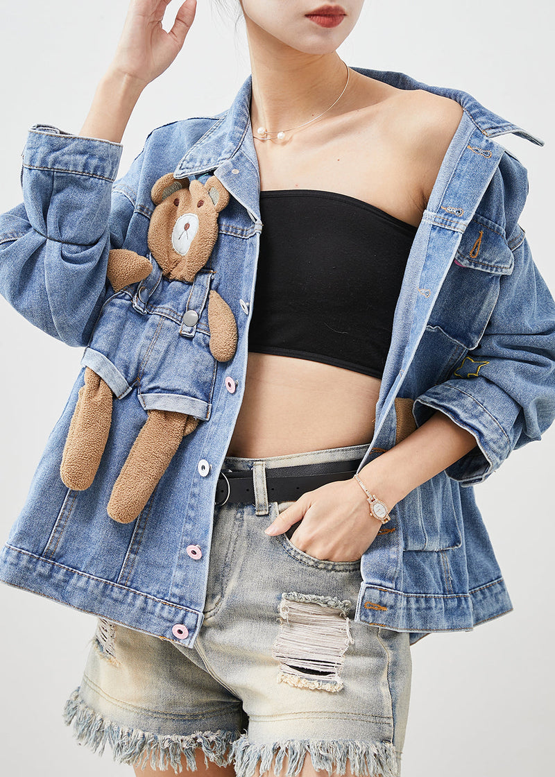Light Blue Bear Oversized Denim Coats Spring