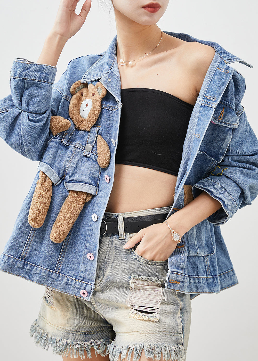 Light Blue Bear Oversized Denim Coats Spring