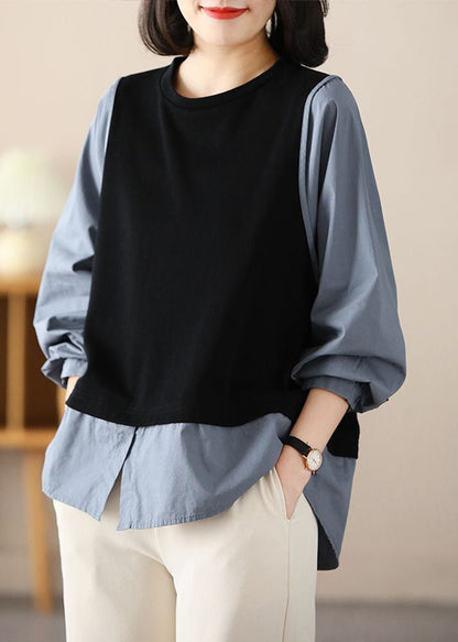 Black Patchwork Cotton Fake Two Piece Top O-neck Spring