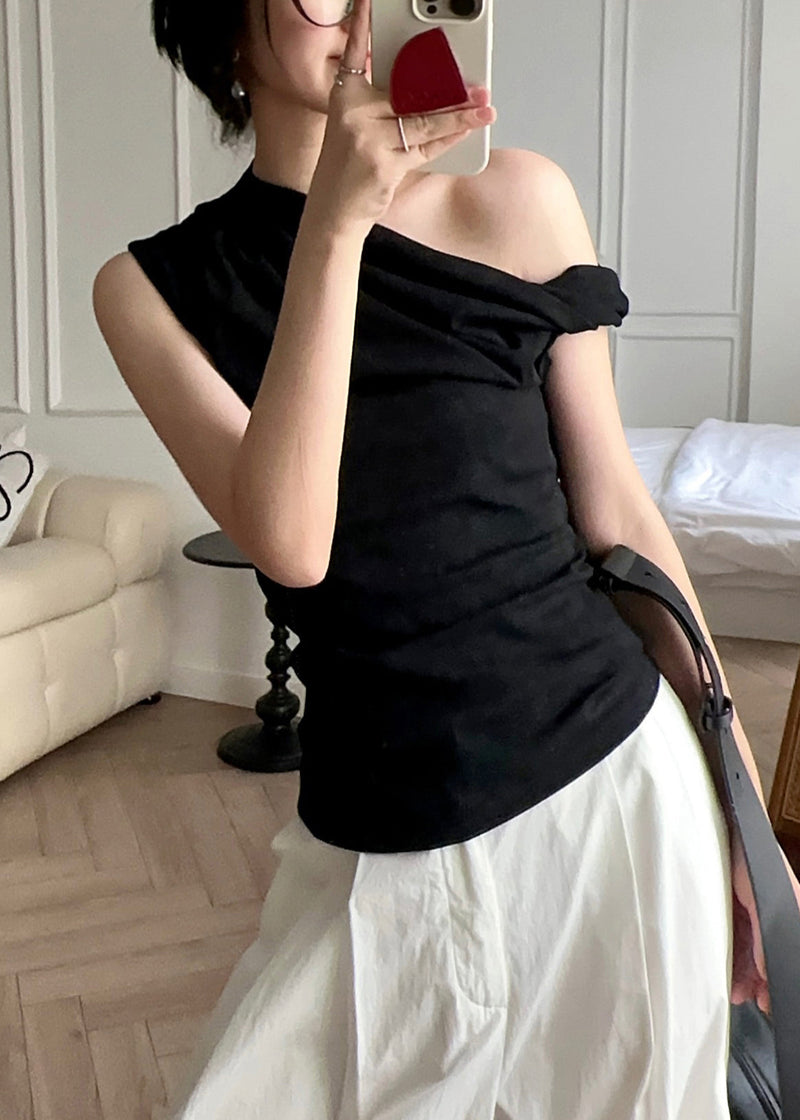 Black Asymmetrical Cotton Tops Sleeveless