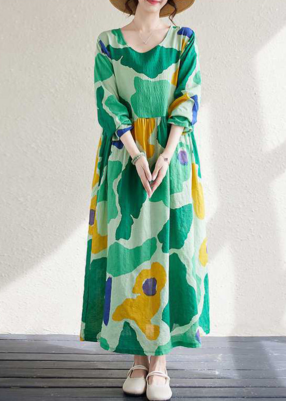 Loose Red O-neck Print Wrinkled Long Dresses Long Sleeve
