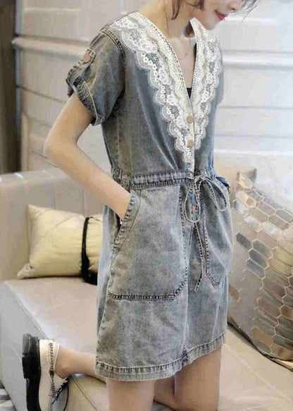 Blue V Neck Lace Patchwork Tie Waist Holiday Mid Dress Short Sleeve