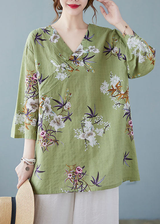 Green V Neck Print Cotton Shirt Tops Bracelet Sleeve
