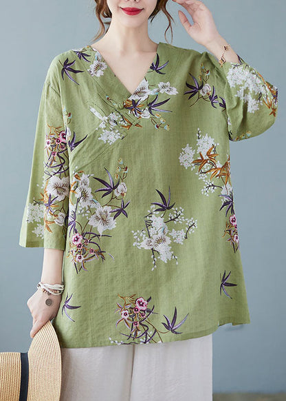 Green V Neck Print Cotton Shirt Tops Bracelet Sleeve