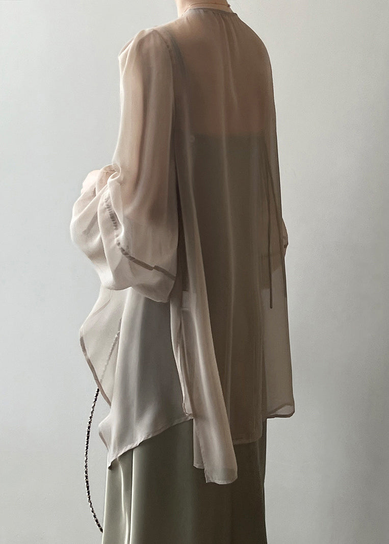 Khaki Chiffon Cardigan Lace Up Long Sleeve