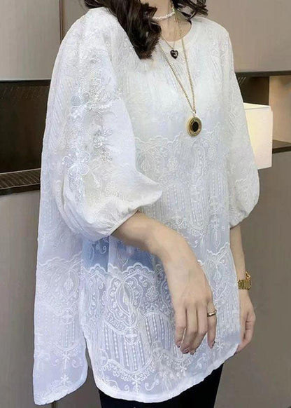 French White O-neck Nail Bead Embroideried Lace Shirt Top Bracelet Sleeve