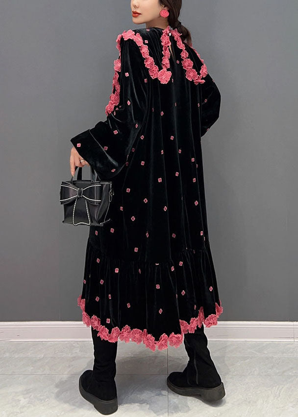 French Black O Neck Silk Velour Maxi Dress Winter