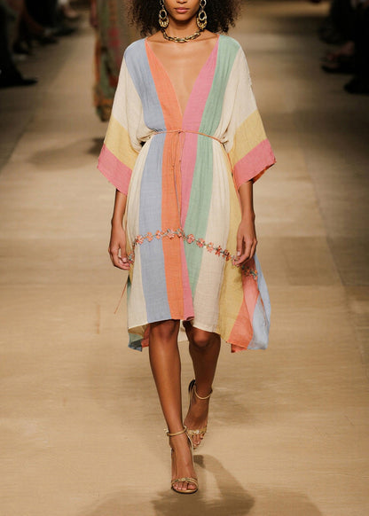 Organic Colorblock V Neck Cotton Mid Dresses Summer