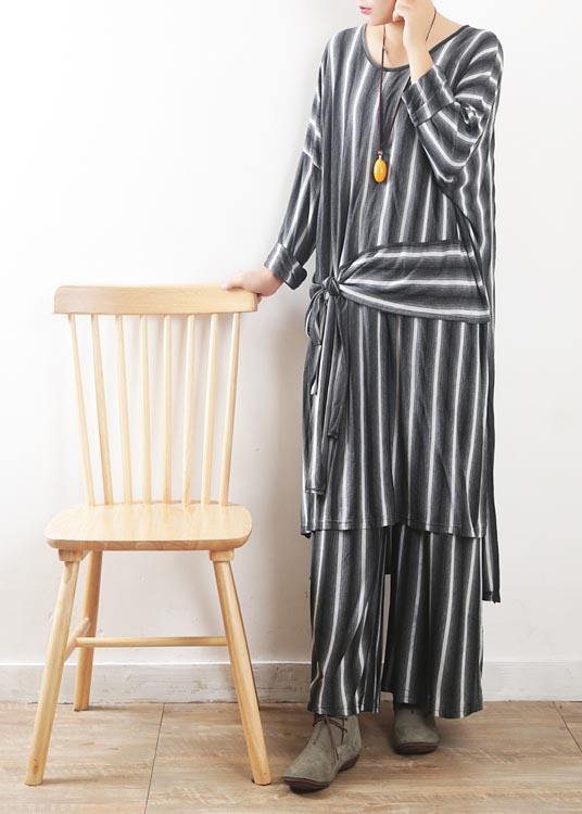 Loose Grey Striped Tie Waist Two Pieces Set Summer Cotton Dress