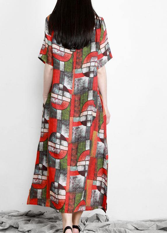 Red Print Linen Dress Pockets