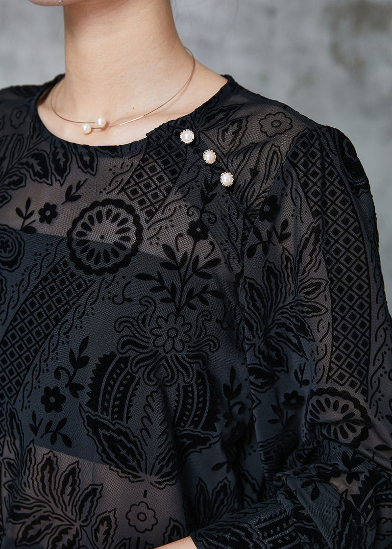 Black O-neck Jacquard Lace Tops Spring