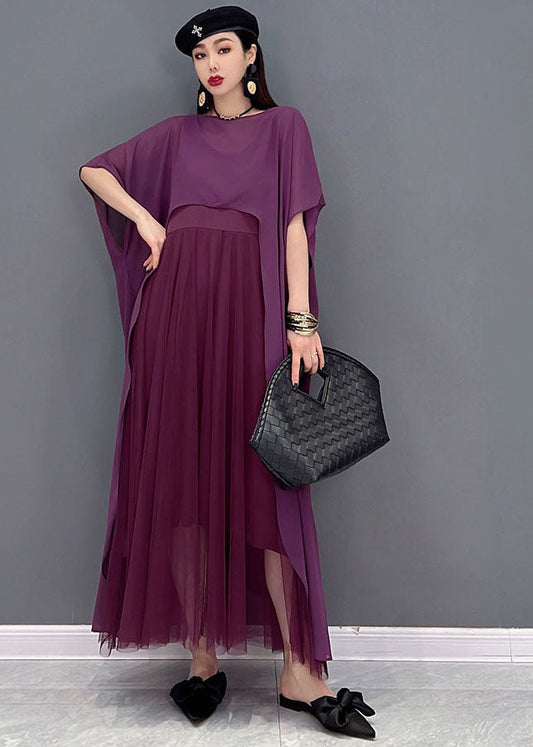 French Purple Asymmetrical Design Chiffon Dress and Cloak Two Pieces Set Summer