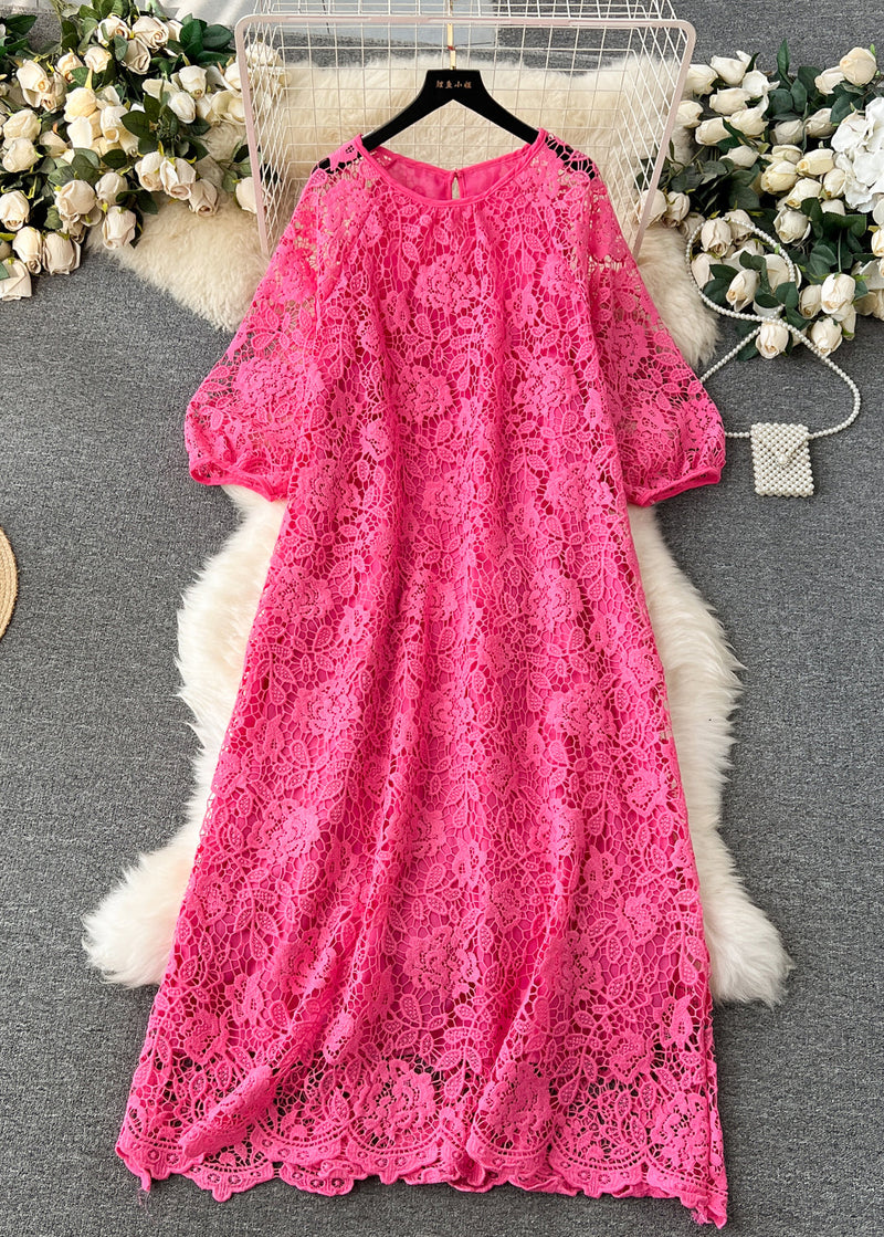 French Yellow O Neck Hollow Out Lace Dresses Summer