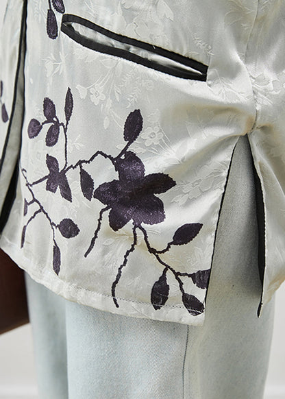 Grey Mandarin Collar Jacquard Silk Shirts Spring