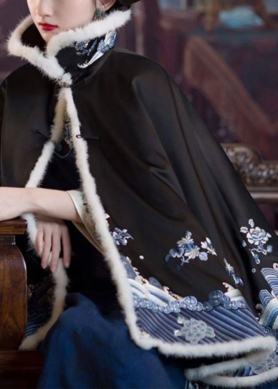 Black Faux Fur Collar Embroideried Button Silk Coats Long Sleeve