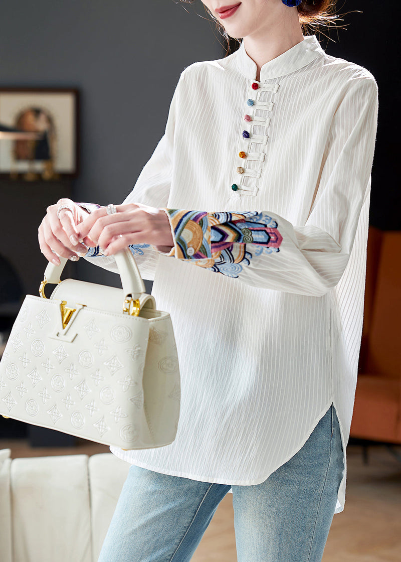 Simple White Stand Collar Patchwork Embroidered Button Shirt Fall