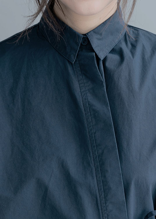 Art Navy Asymmetrical Tie Waist Cotton Shirt Top Half Sleeve