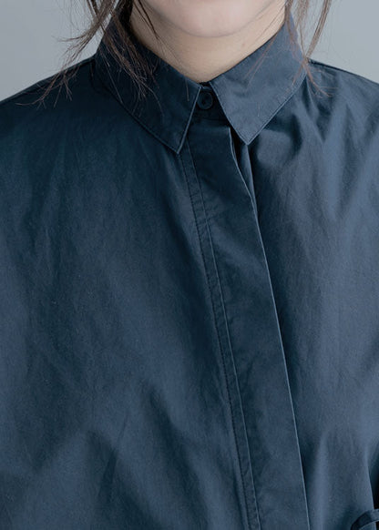 Art Navy Asymmetrical Tie Waist Cotton Shirt Top Half Sleeve