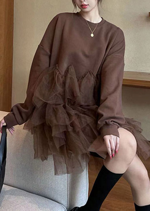 Art Green O-neck Tulle Patchwork a Line Mid Dress Fall