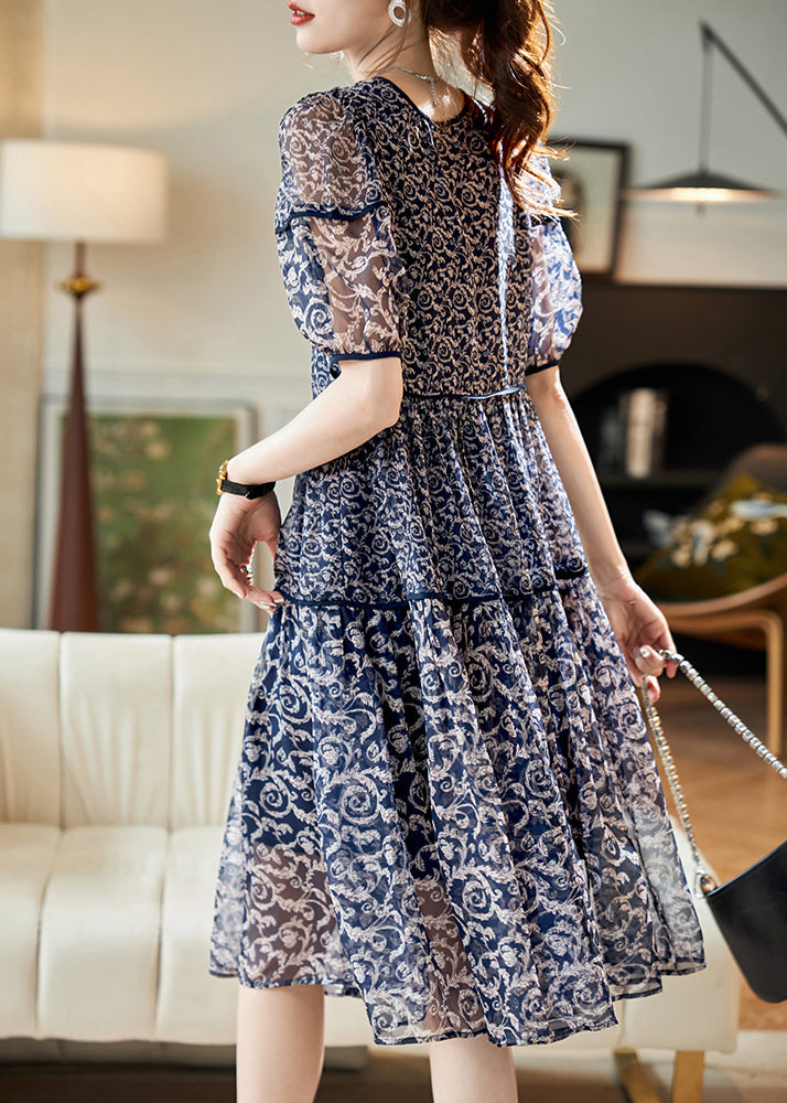 Navy O Neck Print Patchwork Chiffon Dresses Summer