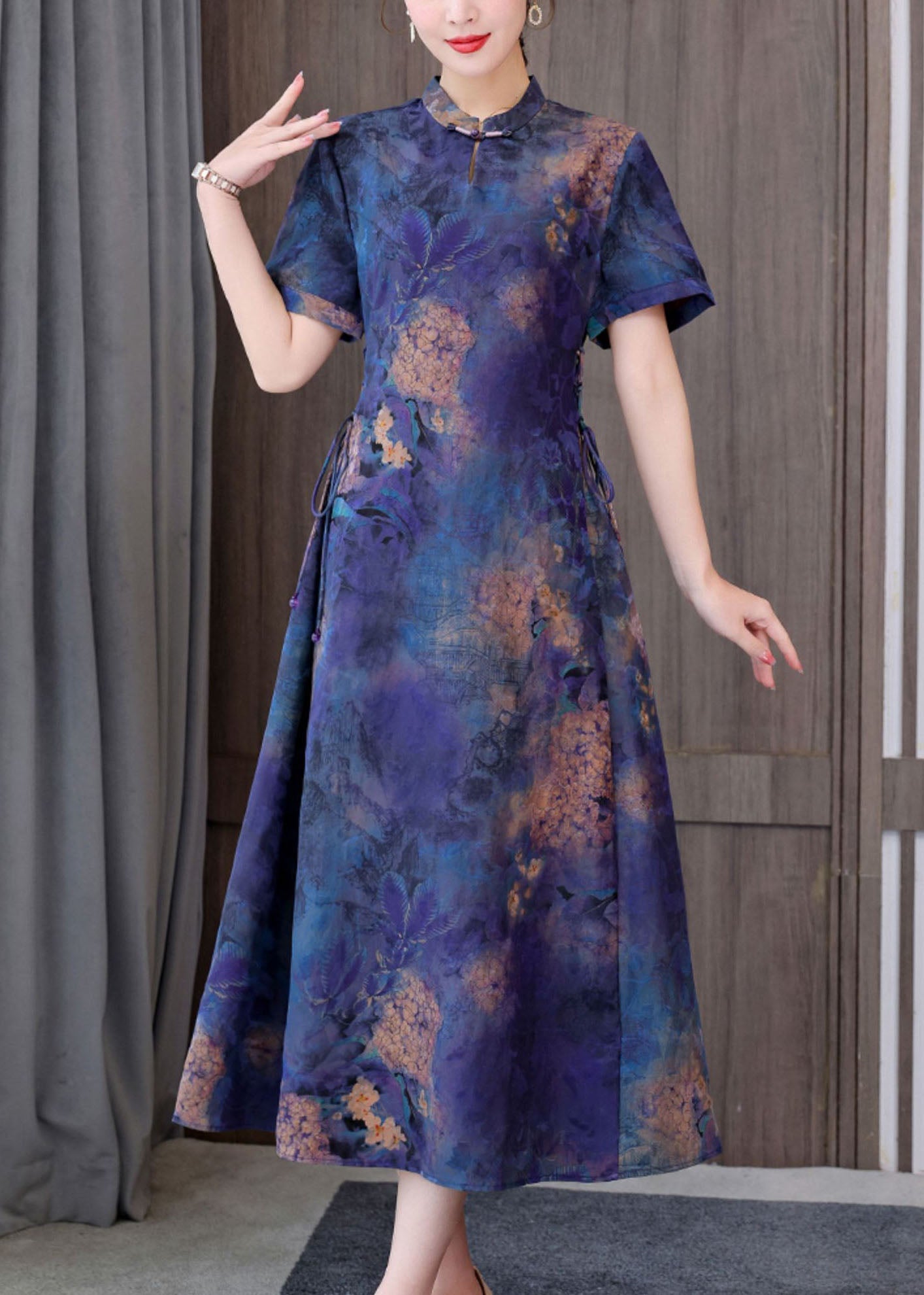 Unique Blue Mandarin Collar Tie Waist Tie Dye Silk Dresses Short Sleeve