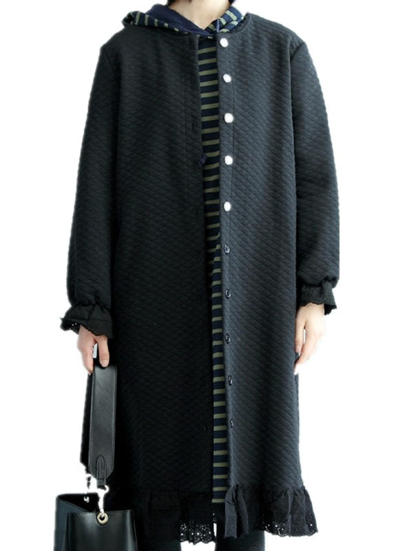 Black Ruffled Button Cotton Trench Coats Spring