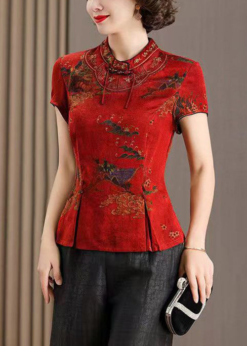 Red Stand Collar Print Side Cpen Silk T Shirt Summer