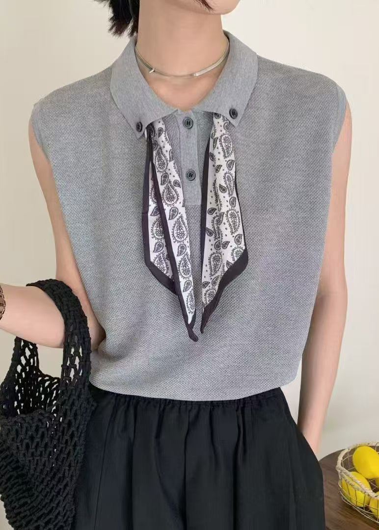 Grey Peter Pan Collar Scarves Knit Shirt Top Sleeveless