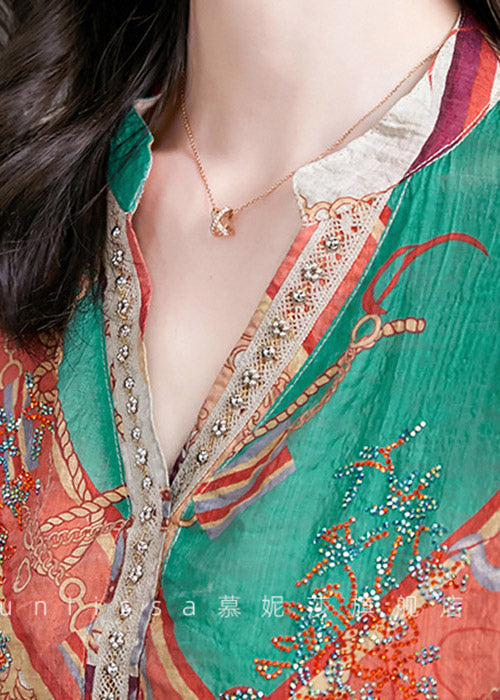 Multi Print V Neck Button Chiffon Blouse Tops Long Sleeve