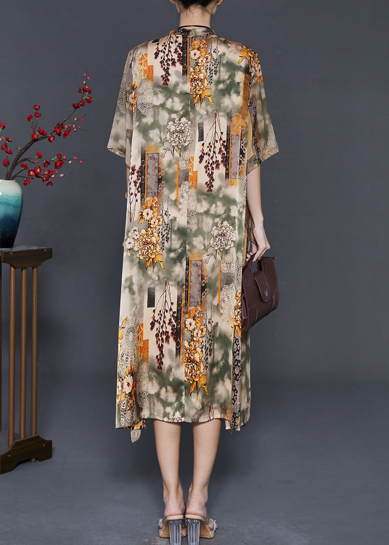 Khaki Stand Collar Print Chiffon Fake Two Piece Dress Summer
