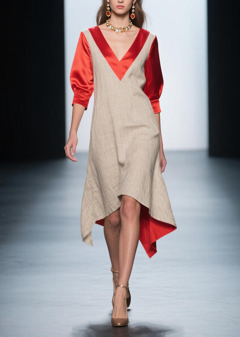 Colorblock V Neck Patchwork Linen Silk Dresses Summer