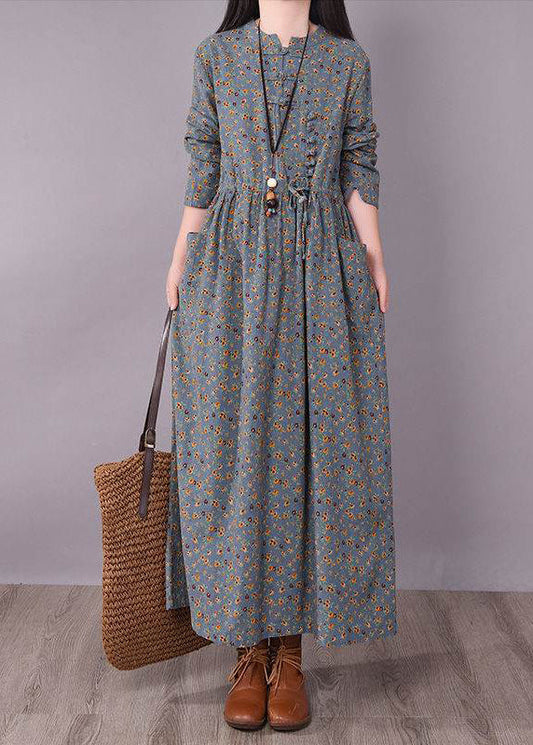 Grey Linen a Line Dresses Tie Waist Cinched Pocket Long Sleeve