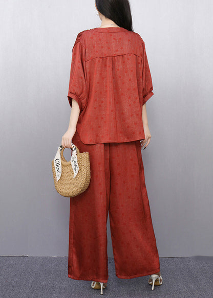 French Red Dot Tops and Wide Leg Pants Cotton Two Pieces Set Half Sleeve