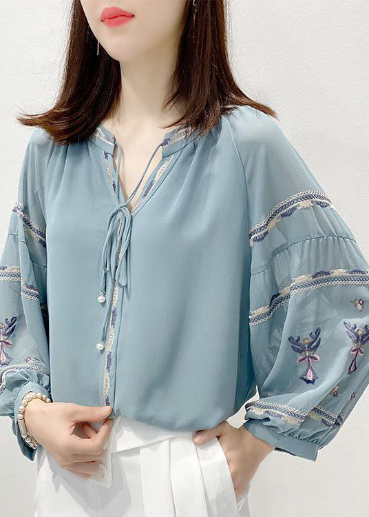 Blue Embroideried V Neck Chiffon Shirt Top Three Quarter Sleeve