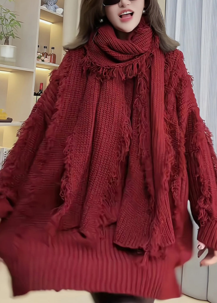 Red Tassel Patchwork Knitted Sweaters Spring