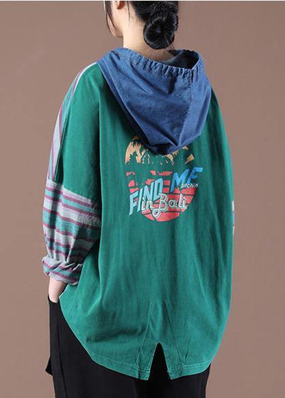 Green on the Back Loose Drawstring Organic Autumn Tops