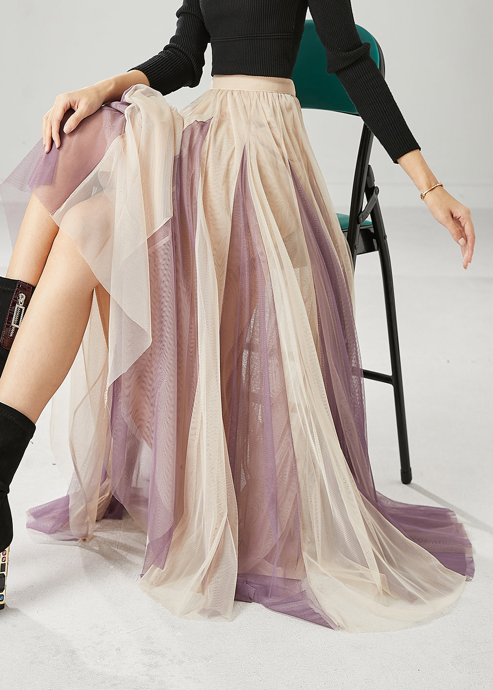 Khaki Wrinkled Patchwork Tulle Skirts Spring
