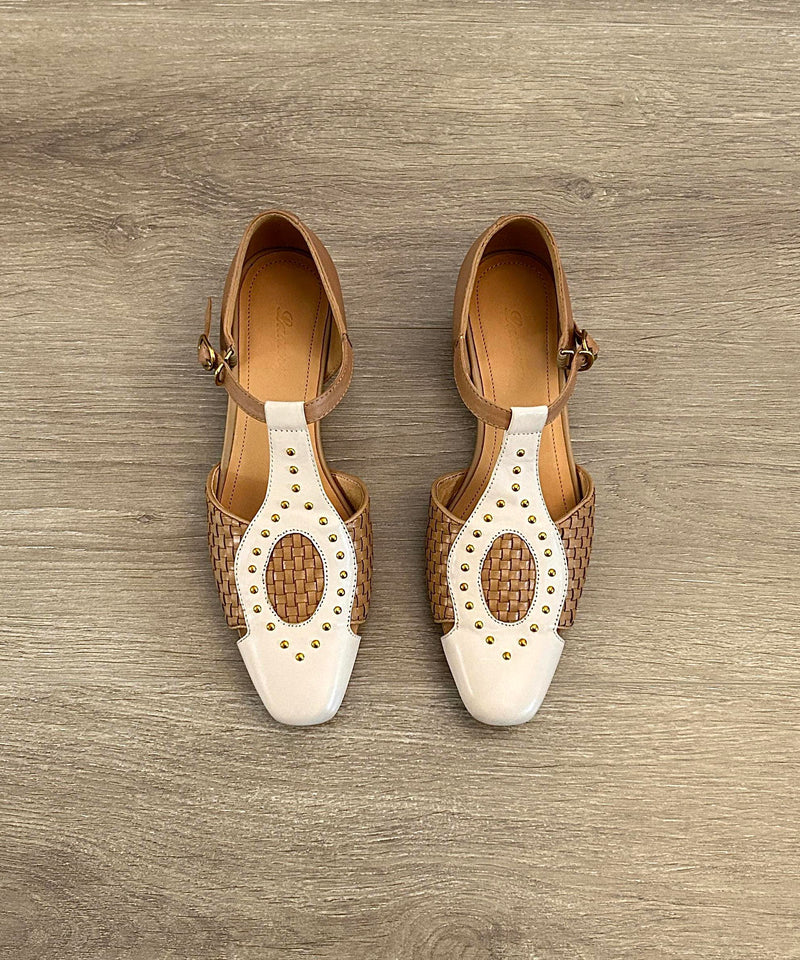 French Apricot Hollow Out Woven Square Head Rivet Sandals