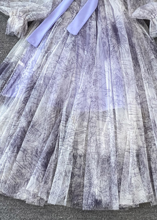 Purple O-neck Bow Tulle Long Dress Puff Sleeve