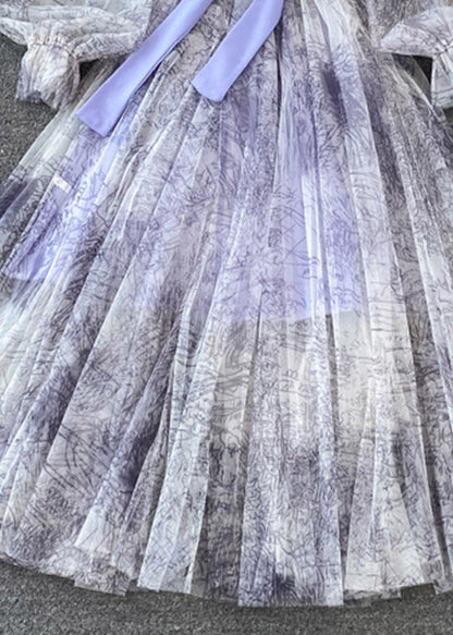 Purple O-neck Bow Tulle Long Dress Puff Sleeve