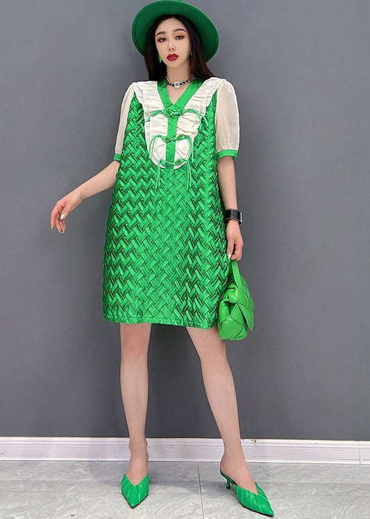 Green V Neck Patchwork Chiffon Mid Dress Short Sleeve