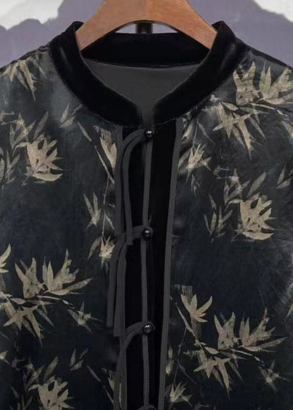 Loose Black Print Button Patchwork Velour Shirt Top Long Sleeve