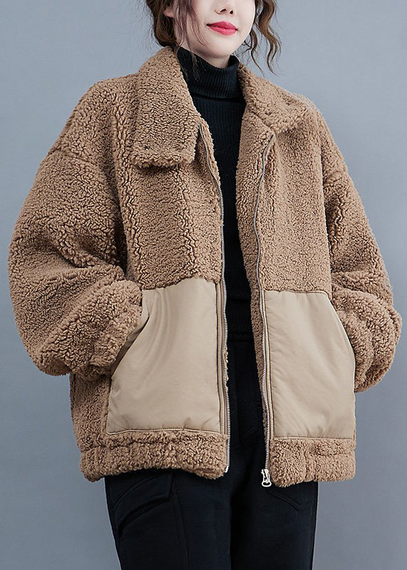 Coffee Zippered Pockets Patchwork Faux Fur Jacket Winter