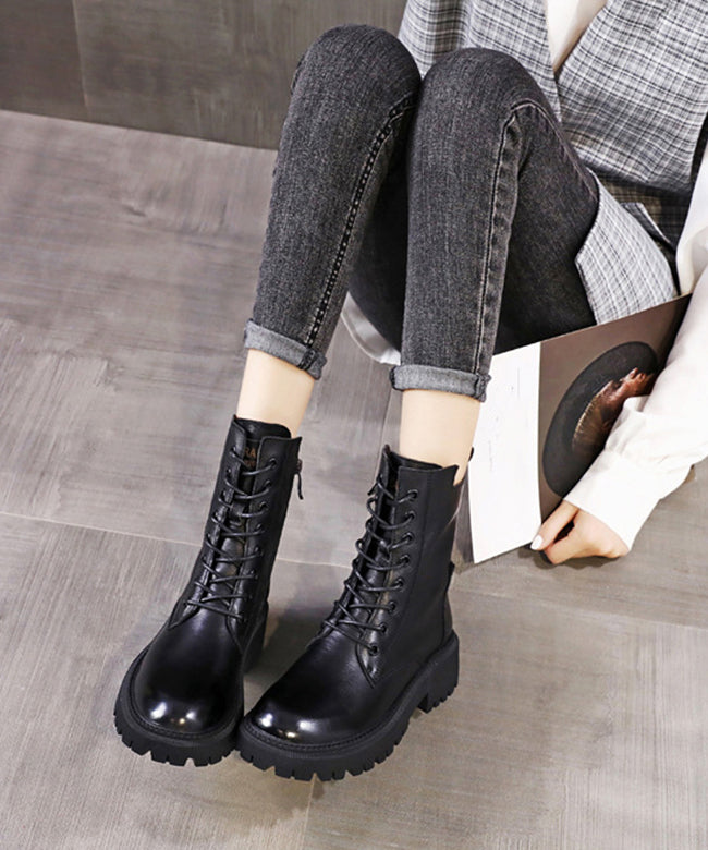 Black Boots Warm Fleece Lace Up Chunky Boots