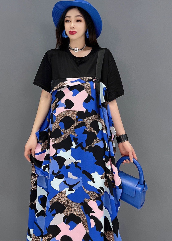 Black Blue Patchwork Pritn Cotton Long Dresses Short Sleeve