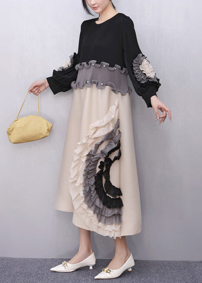 Black Nail Bead Patchwork Fall Maxi Dresses Ruffled