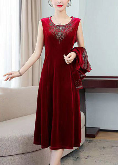 Classy Wine Red Zircon Coat and Waistcoat Dress Silk Velour Two Pieces Set Fall