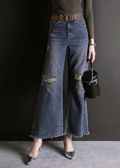 Blue High Waist Hole Pockets Cotton Denim Flare Pants Summer