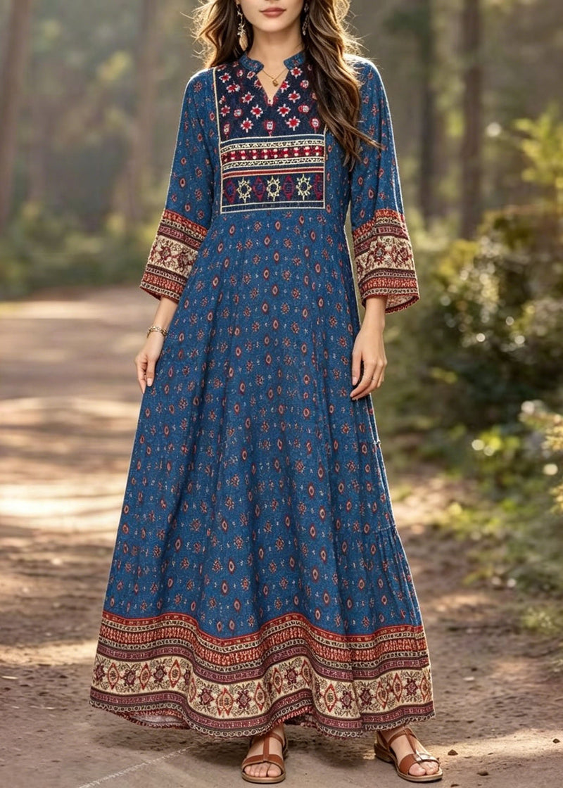Blue V Neck Print Cotton Long Dress Summer